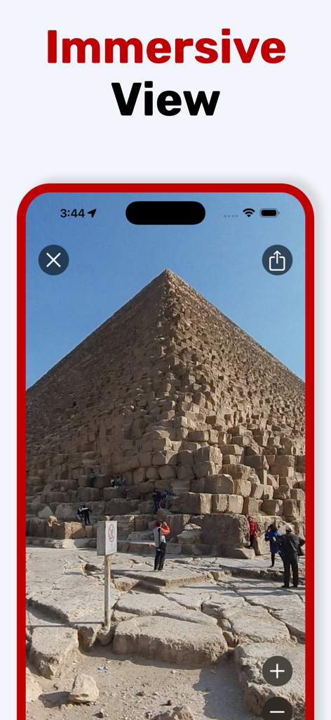 Immersive 3D street view of the Great Pyramid of Giza on the MAPAS app.