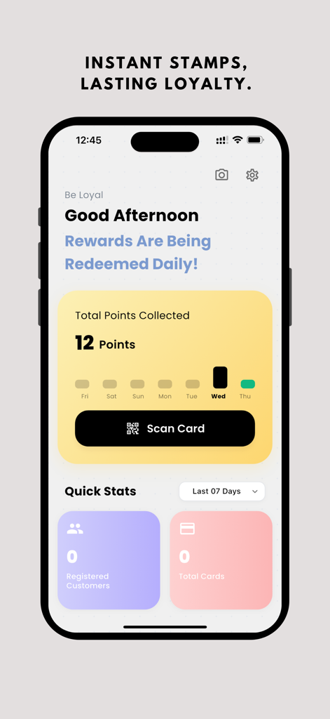 Beloyal-App-Händler-Dashboard mit gesammelten Treuepunkten und einer Schaltfläche zum Scannen der Karte.