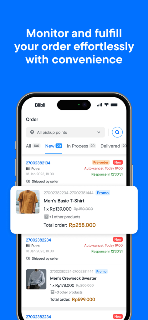 Blibli Seller Center - Blibli Seller Center app interface displaying order management and fulfillment status for merchants
