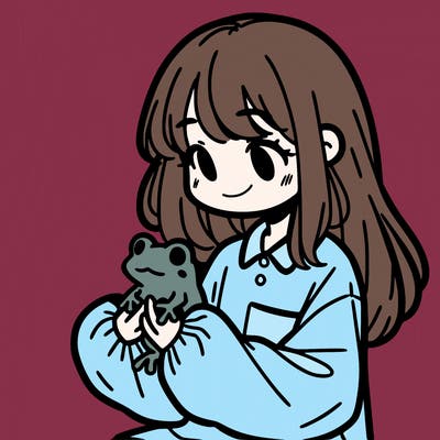 girl with long hair and a oversized shirt. and she is holding a frog