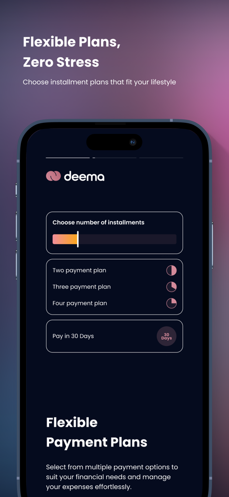 Deema app interface showing options for two, three, and four payment installment plans.