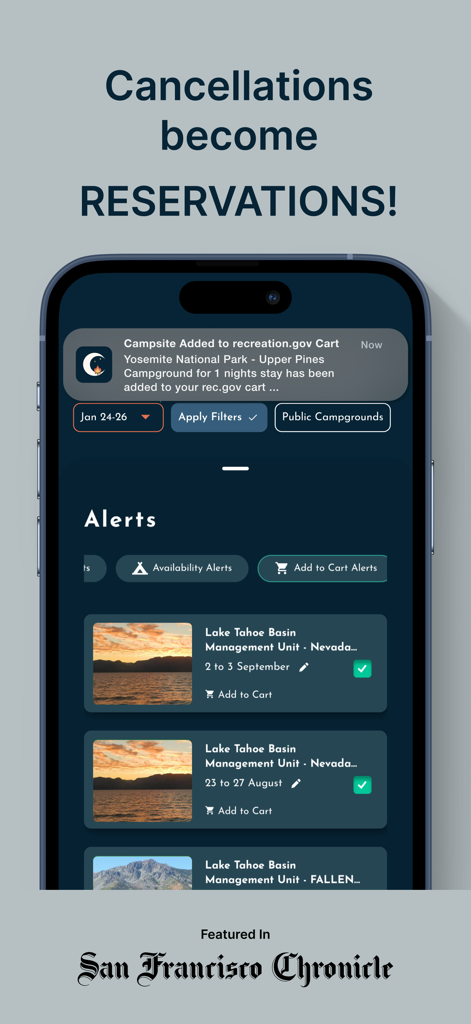 Campsite Tonight: Camping & RV - Smartphone screen displaying a campsite reservation notification for Yosemite National Park.