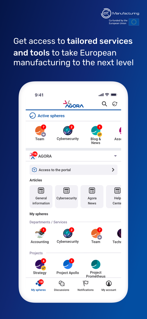 AGORA by EIT Manufacturing - Panel de la app AGORA mostrando esferas colaborativas y artículos de noticias de manufactura
