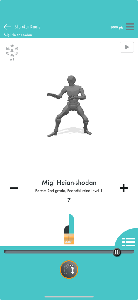 Movements Karate - A 3D motion captured avatar demonstrating a karate form within the Movements Karate app interface