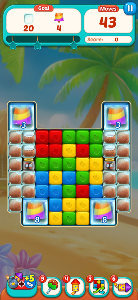 Fruit Cube Blast: Match 3 Game - Fruit Cube Blast gameplay screen with fruit blocks and tropical background