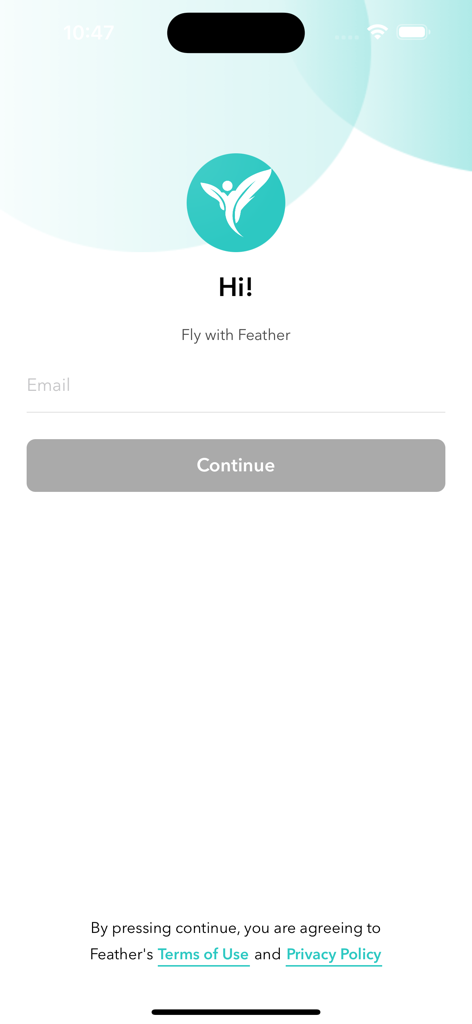 Login screen of the Feather app for aerial arts classes with an email input field and Fly with Feather tagline.