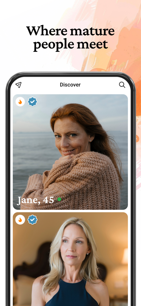 DateMyAge™ - Mature Dating 40+ - DateMyAgeアプリの発見フィードに40歳以上の成熟した女性のプロフィールが表示されている画面