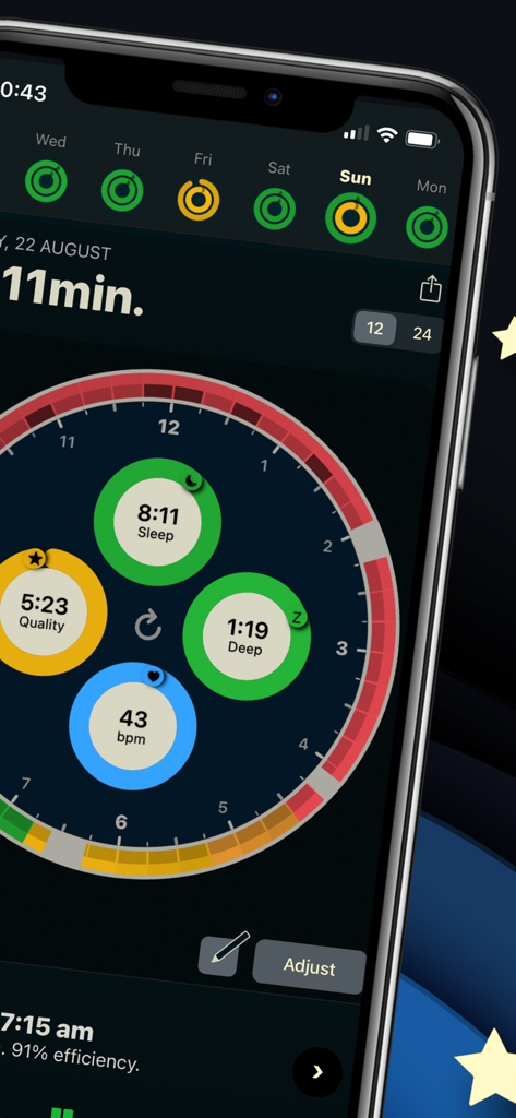 AutoSleep: Watch Sleep Tracker - Interface de l'application AutoSleep sur iPhone affichant la durée du sommeil et les mesures de qualité à l'aide d'anneaux circulaires