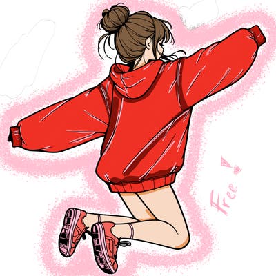 realistic girl jumping with a bun and oversized sweatshirt