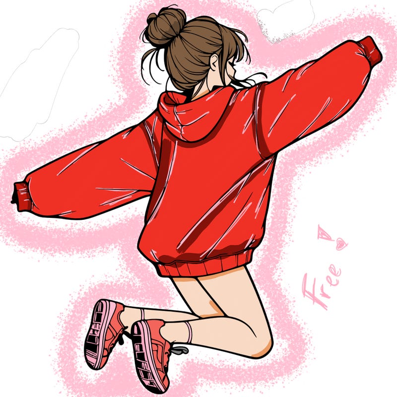 realistic girl jumping with a bun and oversized sweatshirt
