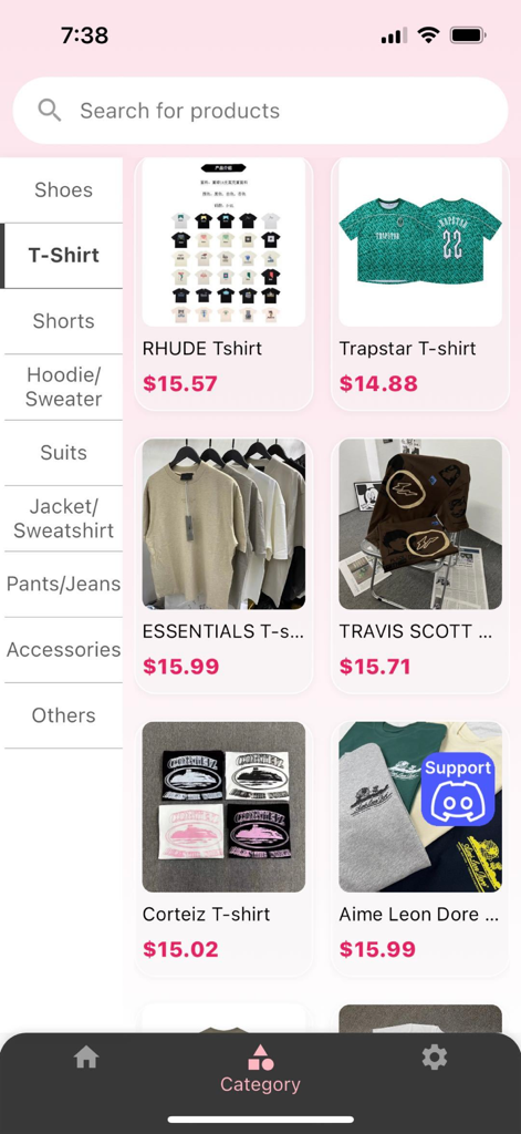 Oopbuy mobile app displaying a catalog of streetwear t-shirts from popular brands with affordable prices