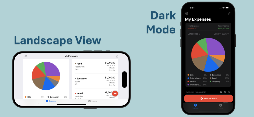 Expense Trail - Budget Tracker - Expense Trail budget tracker interface in landscape and dark mode orientations showing expense pie charts