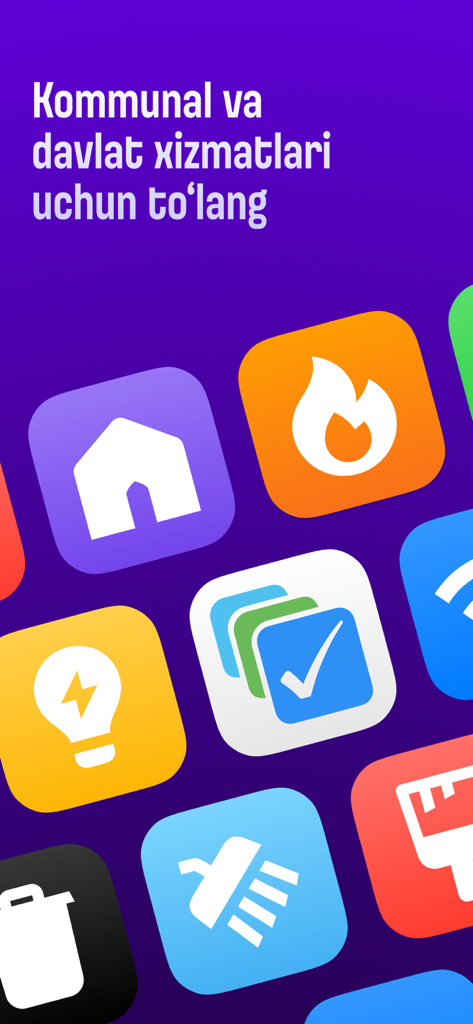 Screenshot of the Uzum Bank app showcasing various icons for utility and government service payments such as gas, electricity, and water.
