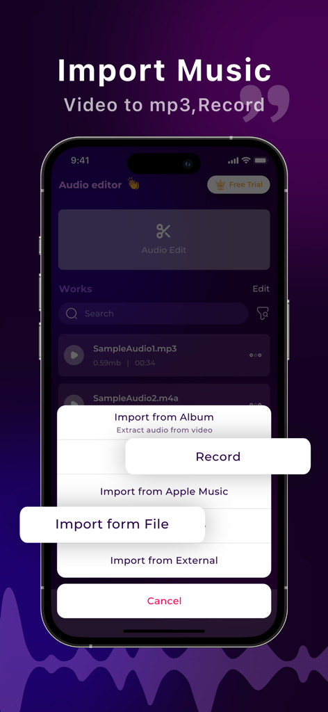 Audio Editor:Music Editor - Mobile app screen showing various music import options including video extraction and recording