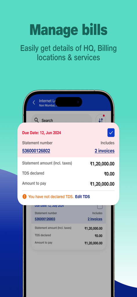 JioBusiness - JioBusiness app interface showing bill details and invoice management