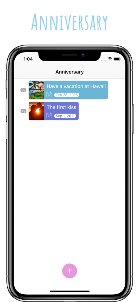 A screen showing a list of saved couple anniversaries and milestones with photos and dates.
