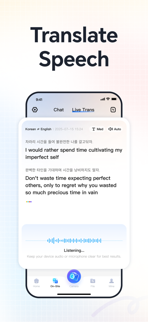 Translator Pro app interface showing real time speech to text translation from Korean to English