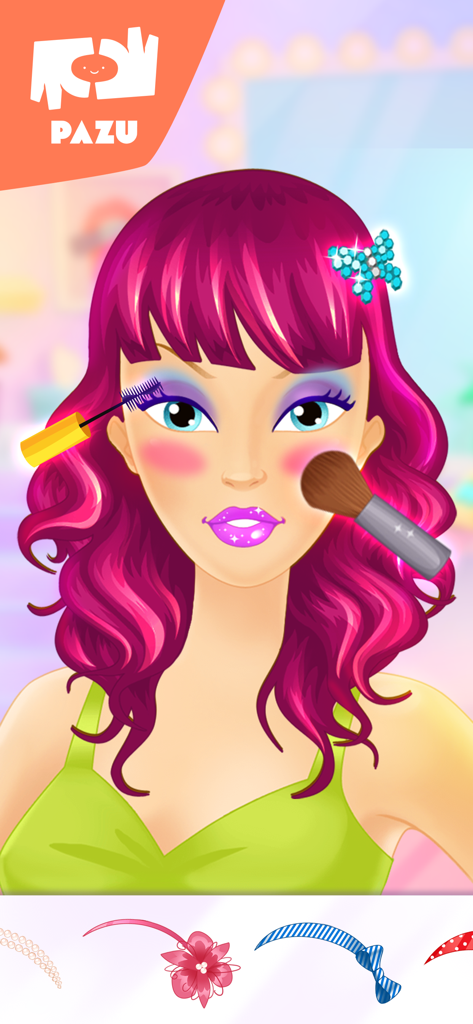 Cartoon girl with pink hair having makeup applied in a kids game