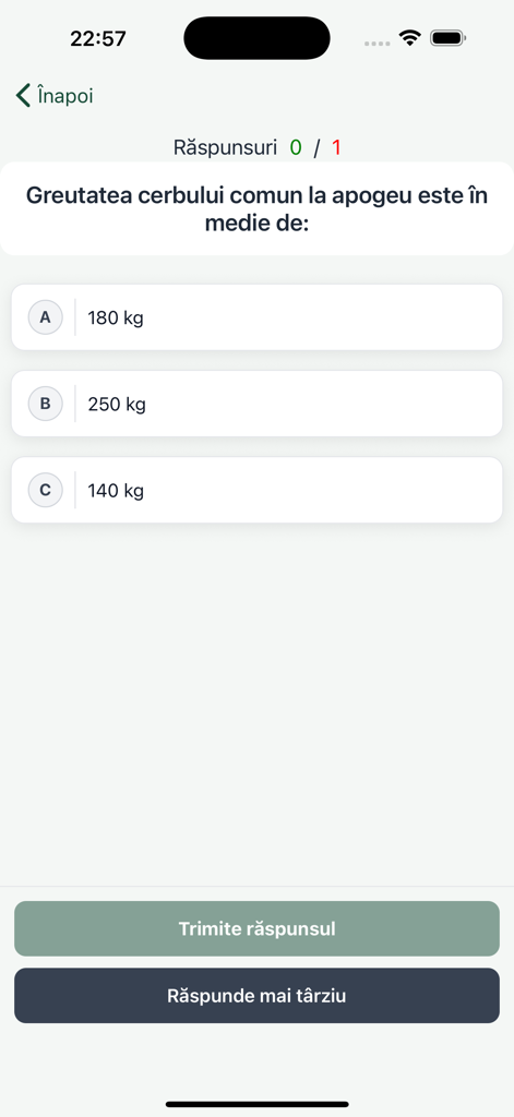 Pantalla de cuestionario de opción múltiple para el examen de licencia de caza rumana que presenta una pregunta sobre el peso del ciervo.