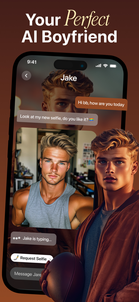 Ai Boyfriend Chat app screen showing a conversation and a selfie sent by an AI character