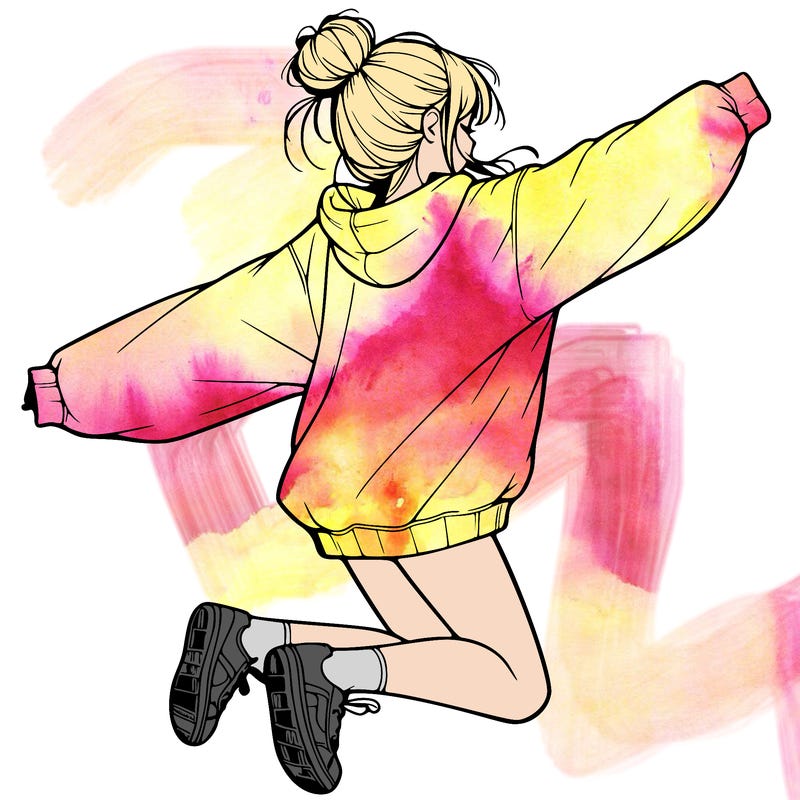 realistic girl jumping with a bun and oversized sweatshirt