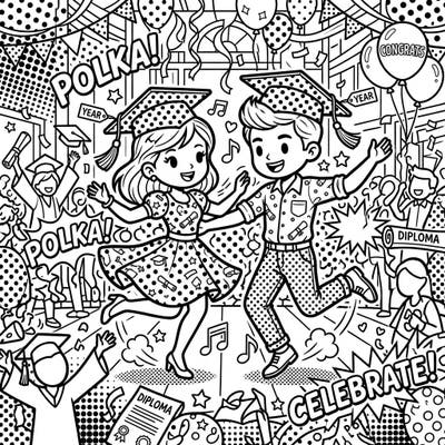 Celebrate academic achievement with this lively Polka Pop Art graduation coloring page. It features two energetic graduates dancing amidst festive comic-book inspired details.