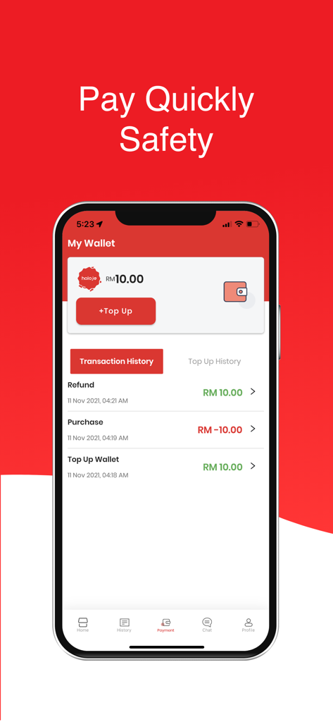 halo delivery - Halo Delivery app wallet screen showing transaction history and top up button