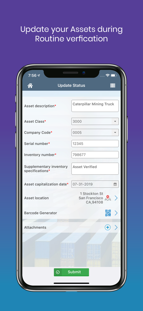 Mobile application screen for mAssetTag showing a form to update enterprise asset status including description serial number and location