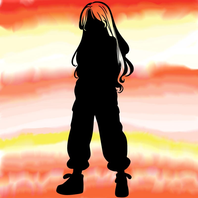 girl in baggy pants crop top and long hair