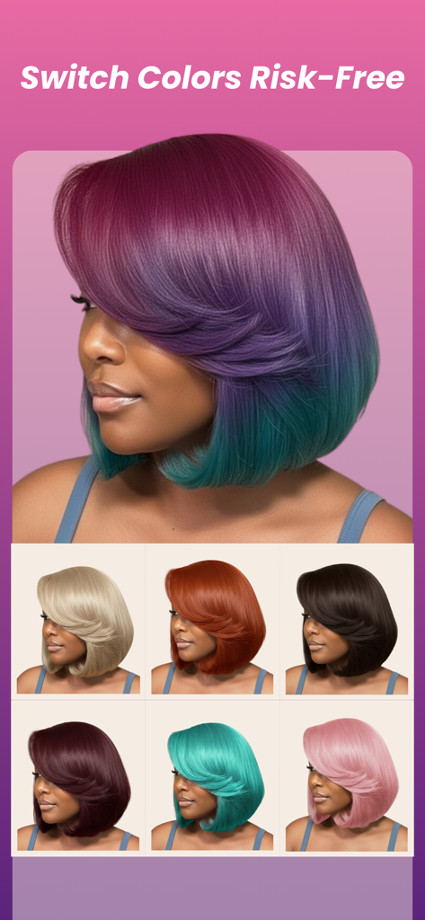 A woman with a bob haircut demonstrating different photorealistic hair colors like purple, blonde, and ginger using StyleShare app