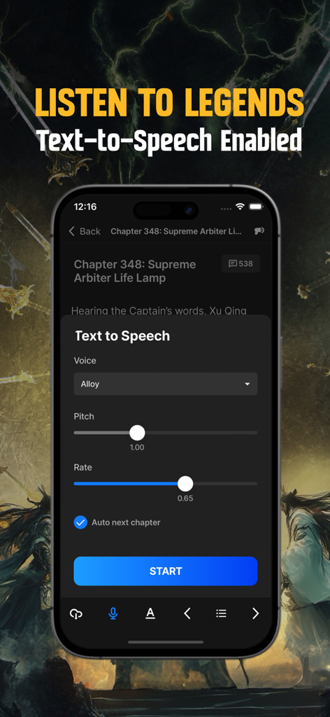 Wuxiaworld - Online Novels - Interface of the text-to-speech feature in the Wuxiaworld app showing voice, pitch, and speed controls.
