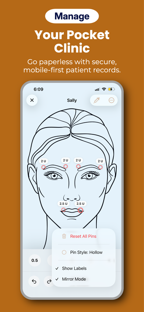 A facial mapping interface in the Aesthetic Injector Planner app showing precise injection points and dosages on a digital patient record template.