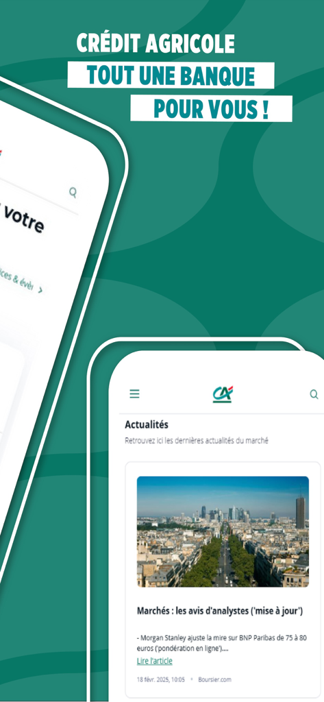 CA Bourse - Screenshot der CA Bourse Mobile App, die Finanznachrichten und Experten-Marktanalysen auf einem Smartphone-Bildschirm zeigt.