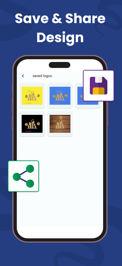 Ai Logo Maker & Design Creator - Pantalla de la aplicación Ai Logo Maker mostrando una galería de logos guardados con iconos para guardar y compartir.