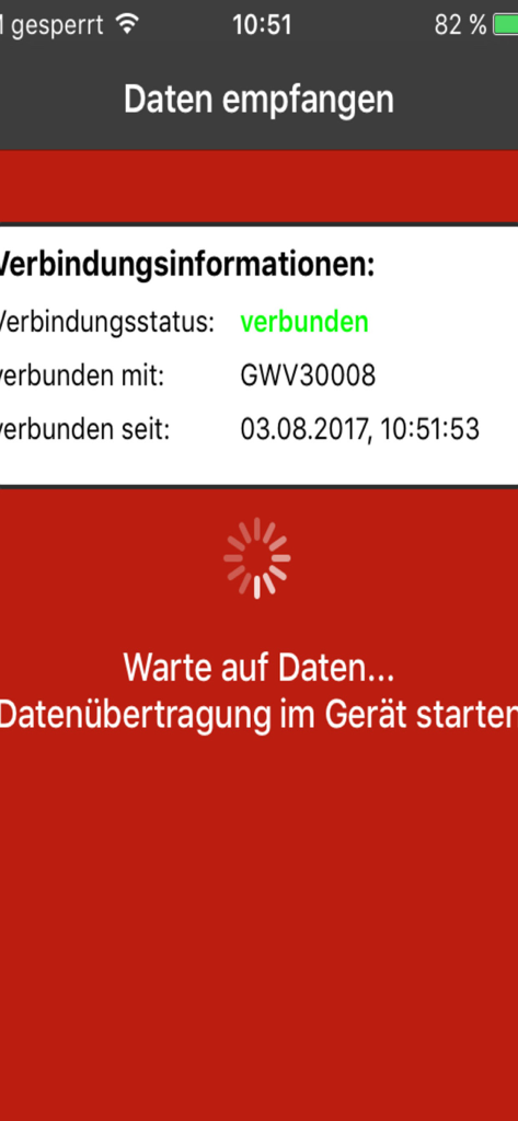 RoData Mobile - Pantalla de la aplicación RoData Mobile que muestra el estado de la conexión y el progreso de la transferencia de datos desde un dispositivo de prueba Rothenberger.
