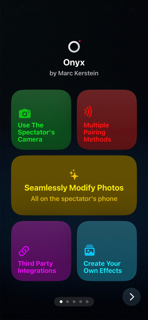 Onyx Magic - Pantalla de resumen de funciones de la aplicación Onyx Magic destacando el uso de la cámara del espectador y la modificación fluida de fotos