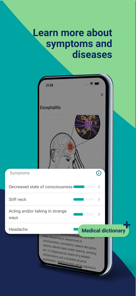 mymediktor - Symptom Checker - A mobile screen showing the mymediktor app medical dictionary with symptoms and information for Encephalitis