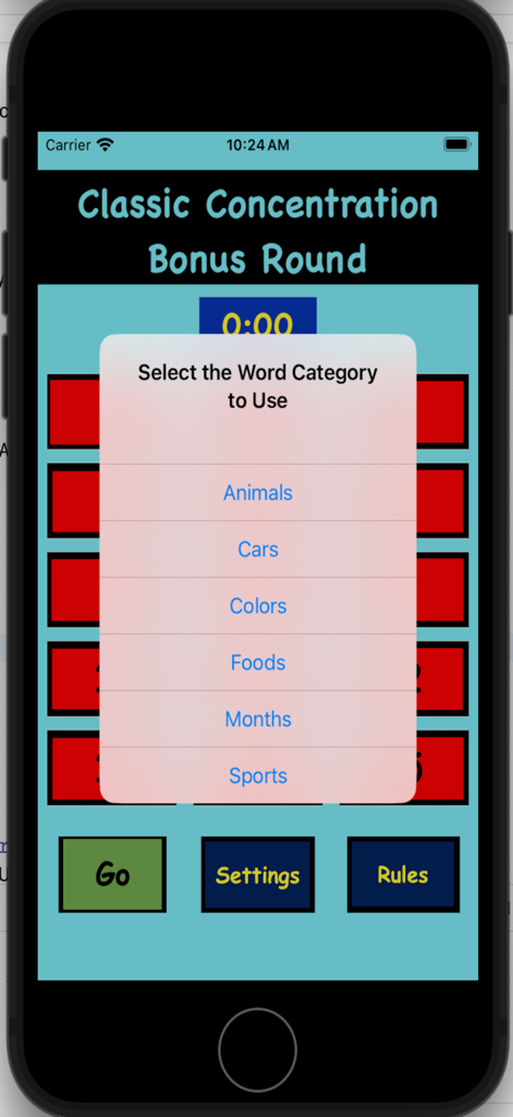 ClassicConcentration - Category selection menu in the Classic Concentration app for the Bonus Round