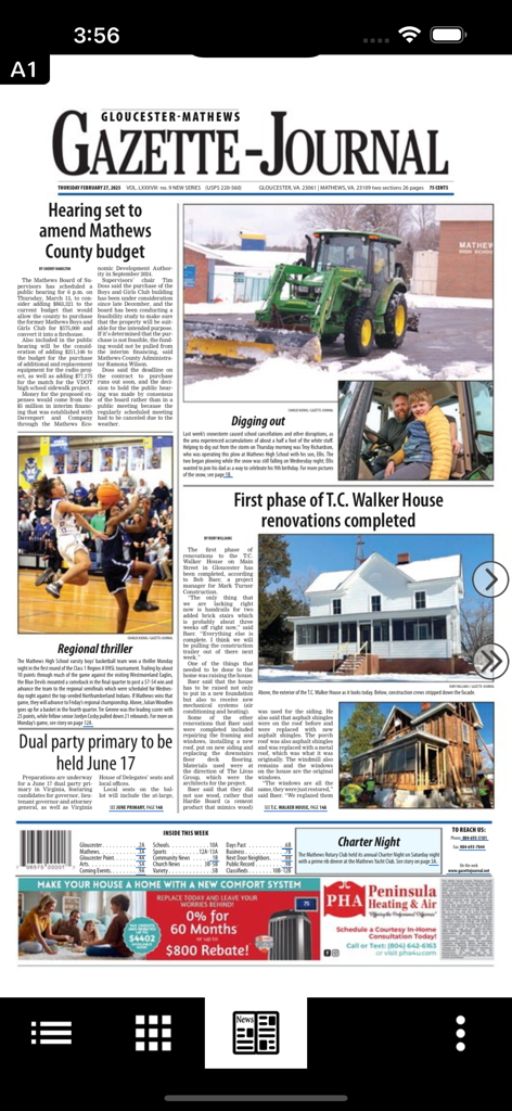 Digital replica of the Gloucester-Mathews Gazette-Journal newspaper front page
