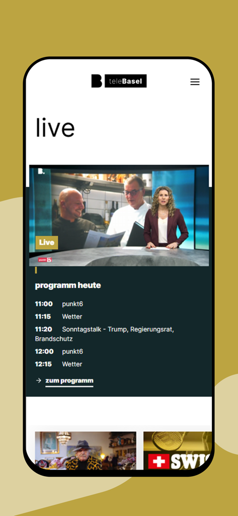 Telebasel app interface showing a live news broadcast with the daily program schedule.