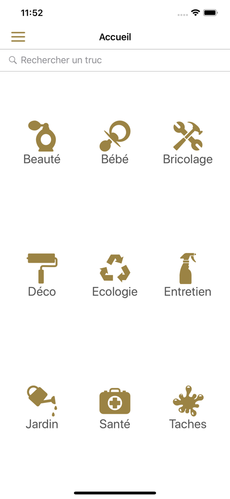 Home screen of the Grandmother Tips app showing icons for categories like beauty diy and health