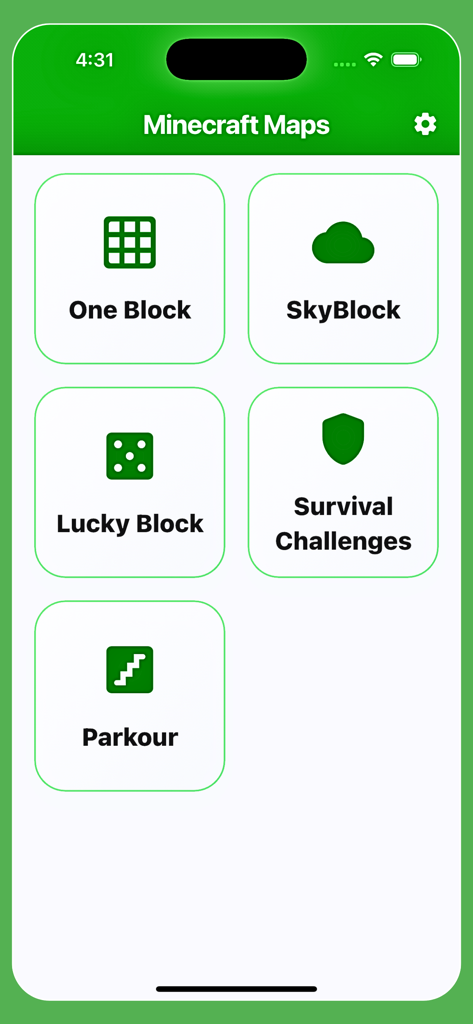 One Block : Maps for Minecraft - Main menu screen of the One Block Maps for Minecraft app displaying different map categories like SkyBlock and Parkour