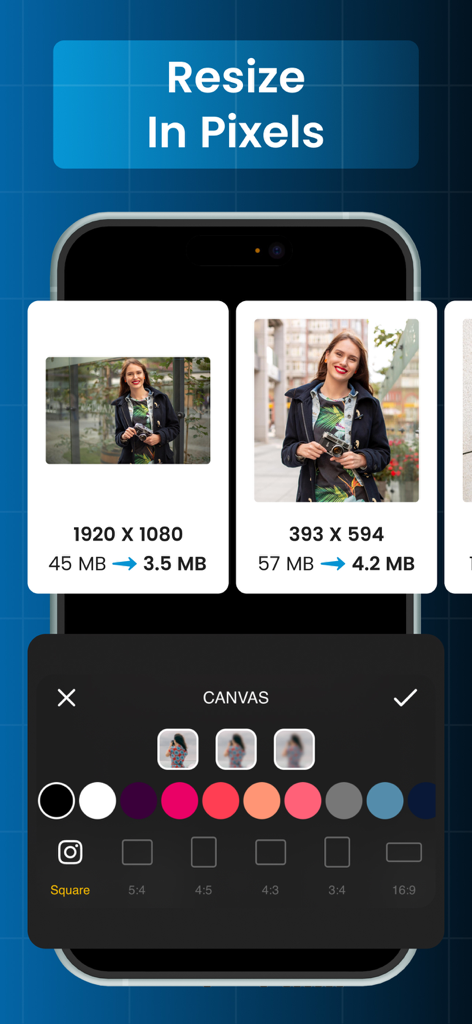 Resize : Photo & Video Edit.or - Interface of the Resize app showing image pixel dimensions and file size compression from MB to KB.