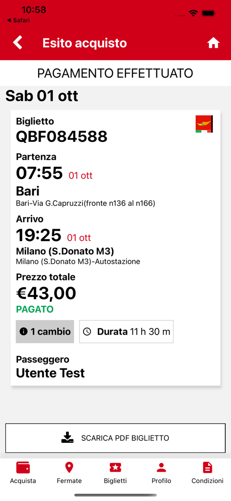 Pantalla de confirmación de compra de billetes de la aplicación MarinoBus que muestra los detalles del viaje de Bari a Milán