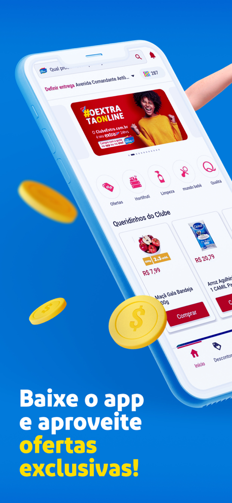 Mobile phone screen showing Clube Extra grocery loyalty app deals and rewards