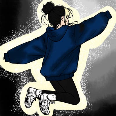 realistic girl jumping with a bun and oversized sweatshirt