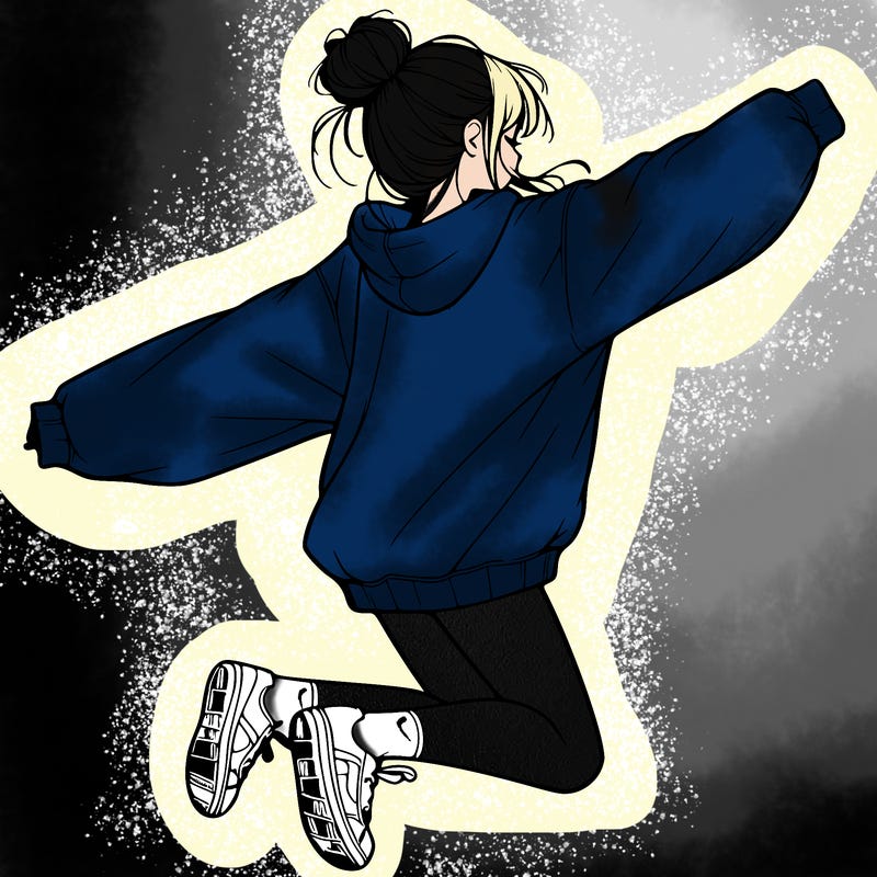 realistic girl jumping with a bun and oversized sweatshirt