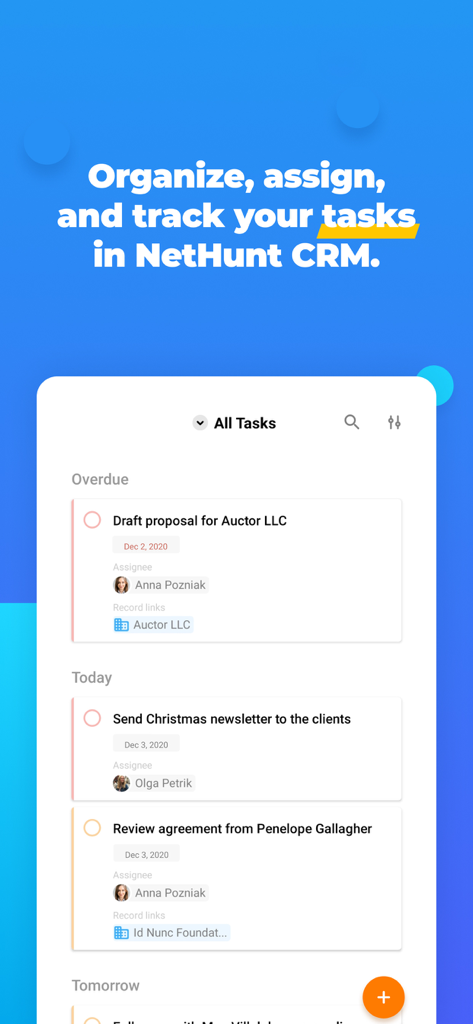 NetHunt CRMのタスク管理画面。担当者と締め切りが設定された、整理されたビジネスタスクのリストが表示されています。