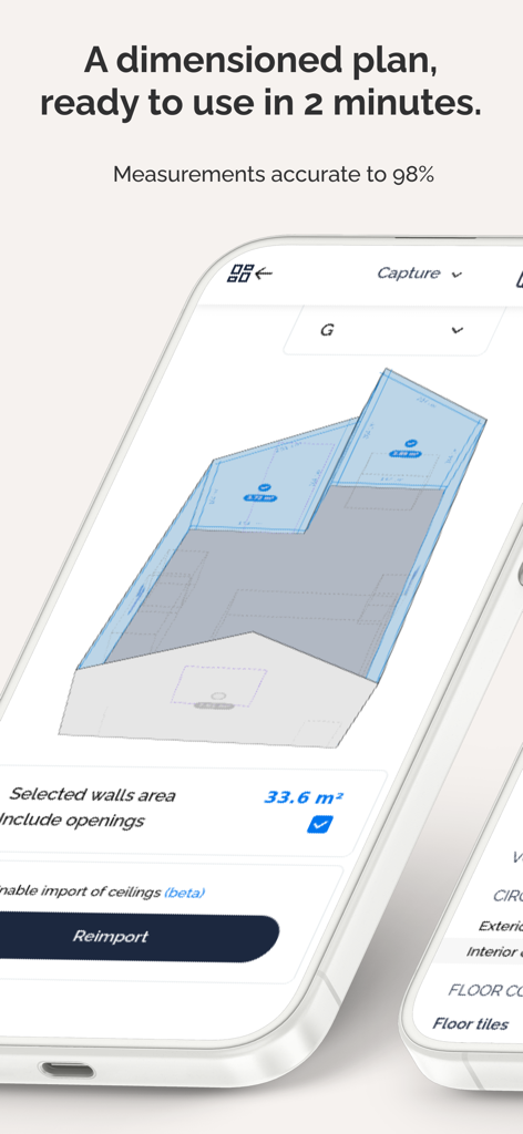 Visuary - The Smart Floor Plan - Visuary app interface displaying a 3D room scan with accurate wall area measurements