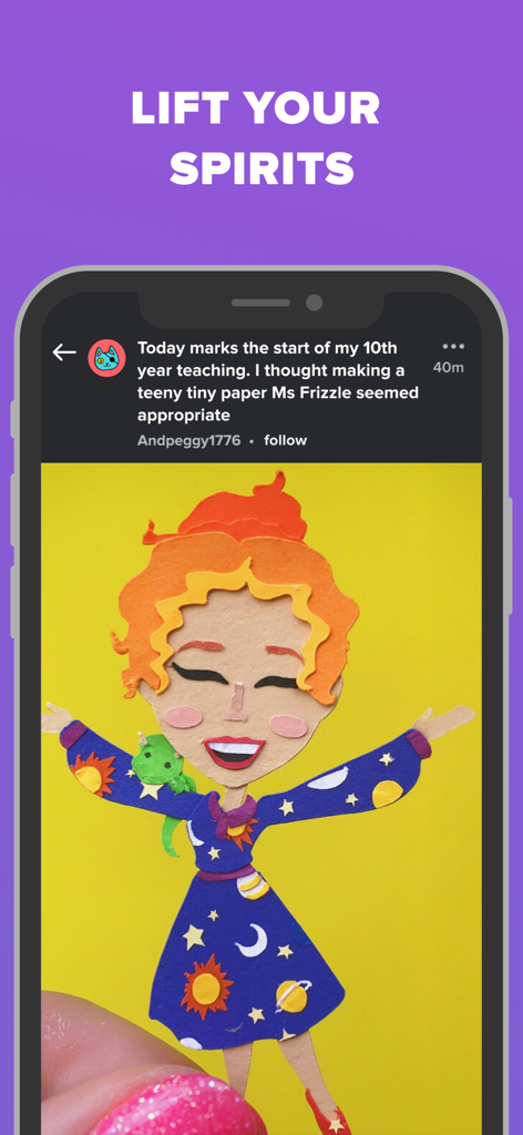 Imgur: Funny Memes & GIF Maker - Uno screenshot dell'app Imgur con un post creativo di artigianato di carta di Ms. Frizzle con il testo Tirate Su il Morale.
